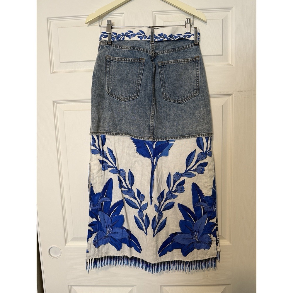 Repurposed Farm Rio Denim Linen Floral Resort Beaded Skirt - Picture 2 of 8